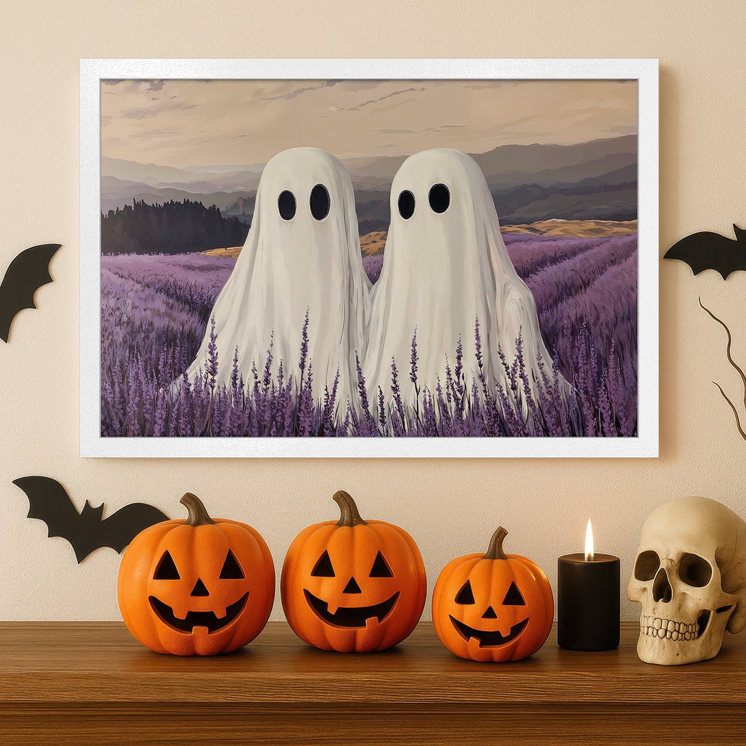 Framed Poster featuring two ghost figures in a lavender field, with a pastel color palette. Perfect Halloween decor!