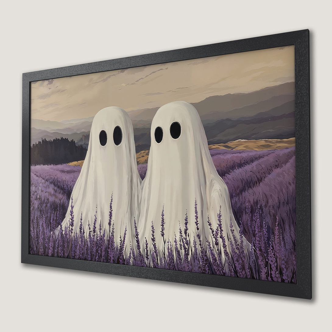 Framed Poster: Whimsical ghost art in lavender field. Pastel color palette. Unique wall decor for your home.