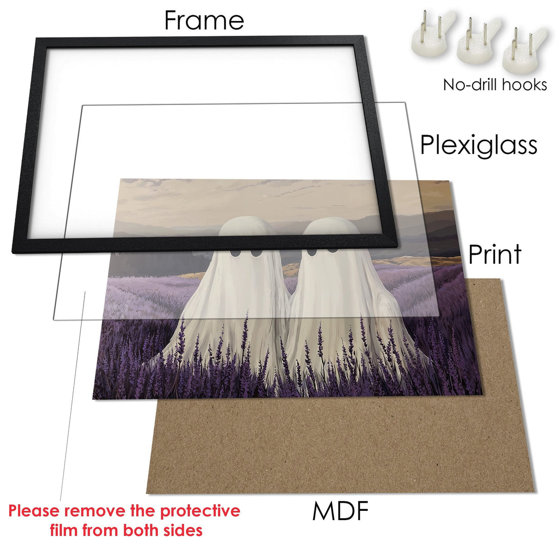 Framed Poster featuring ghost art in a lavender field, with a soft, pastel color palette. Perfect for any room!