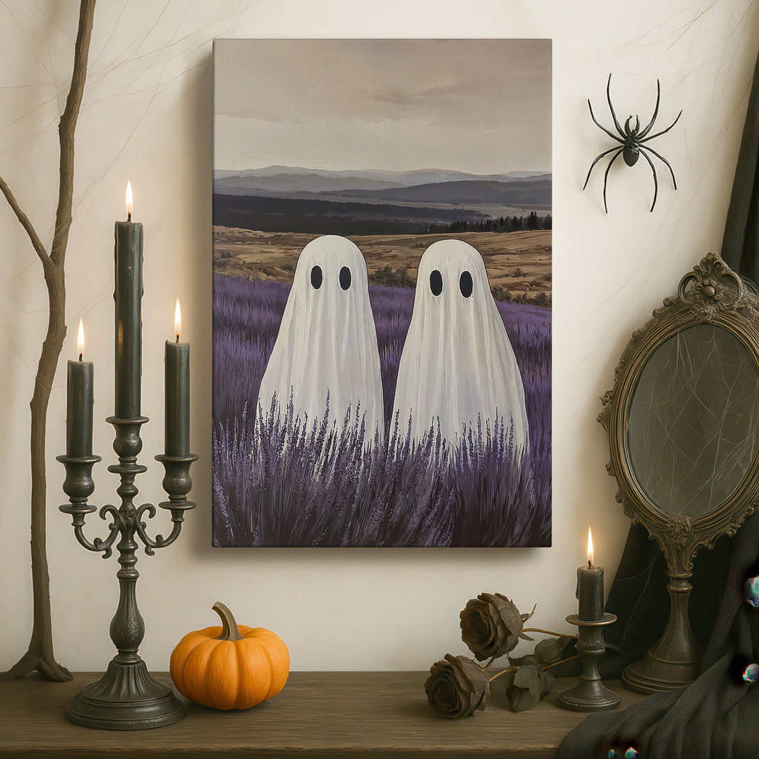 Framed Wall Art featuring whimsical ghost painting in a lavender field, displayed in a luxurious interior with a moody, neutral color palette.