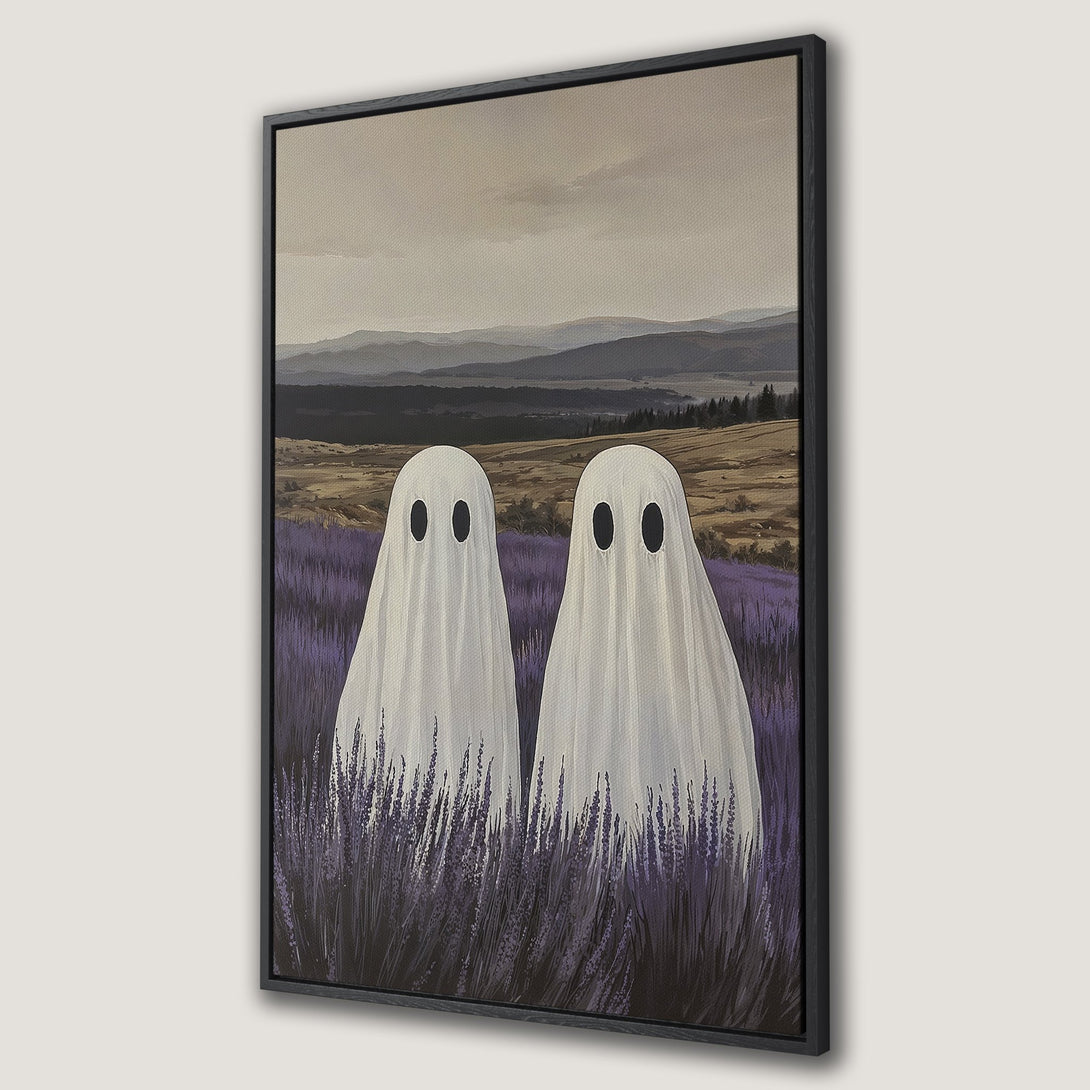 Framed Wall Art featuring whimsical ghosts in a lavender field, painted in a soft, muted color palette. Perfect for adding a touch of spooky charm to your home!