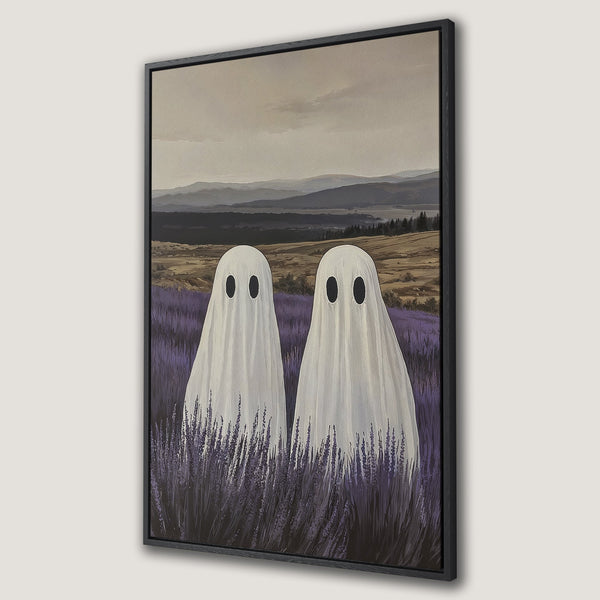 Framed Wall Art featuring whimsical ghosts in a lavender field, painted in a soft, muted color palette. Perfect for adding a touch of spooky charm to your home!