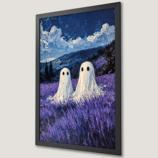 Framed Poster featuring whimsical ghosts in a lavender field, painted in a textured style with a blue and purple color palette. Perfect wall art!