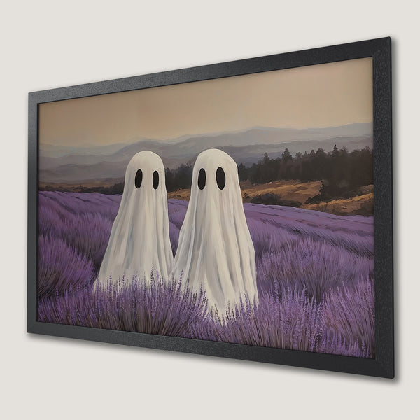 Framed Poster featuring two ghosts in a lavender field. Whimsical art with purple, white, and neutral tones. Perfect wall decor!