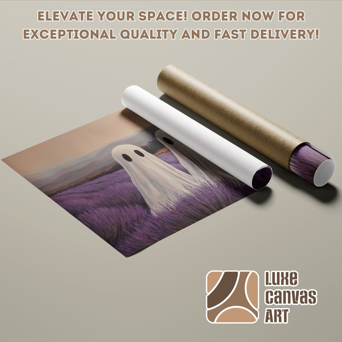 Poster Roll featuring ghost in lavender field, pastel colors. Elevate your space with Luxe Canvas Art!