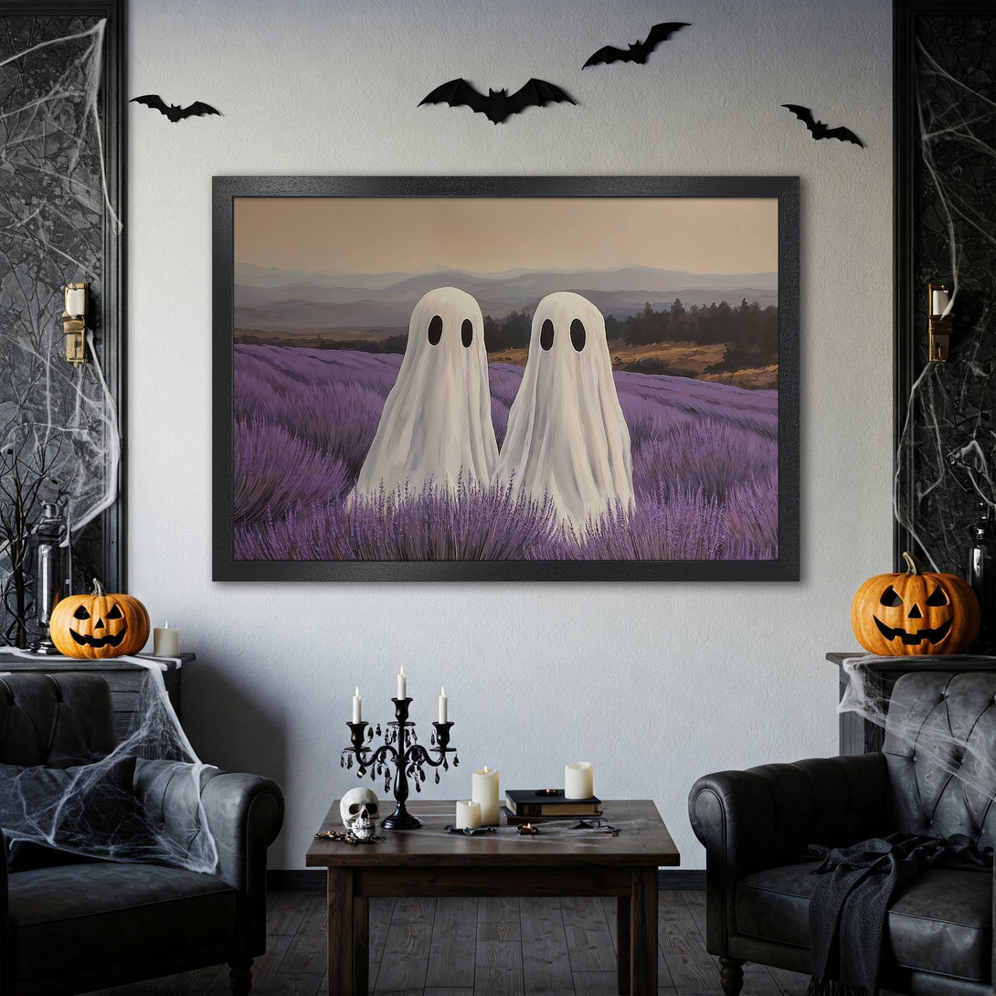 Framed Poster featuring two ghost figures in a lavender field. Halloween-themed art with a whimsical style and a purple, white, and black color palette.