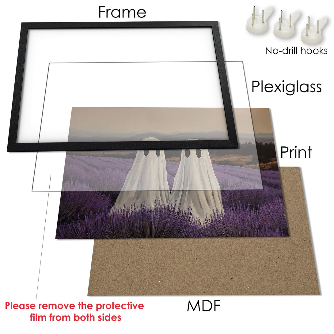 Framed Poster featuring whimsical ghosts in a lavender field. Soft, dreamy style with purple, white, and beige tones. Perfect wall art!