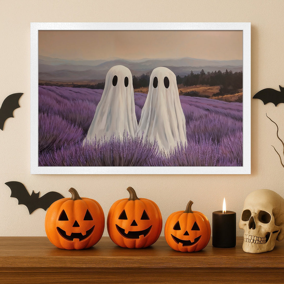 Framed Poster featuring whimsical ghosts in a lavender field. Soft, pastel color palette perfect for Halloween decor.