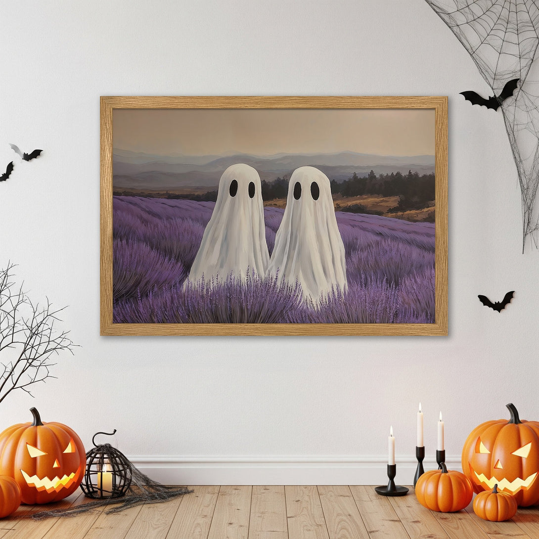 Framed Poster featuring two friendly ghosts in a lavender field. Whimsical art with a purple, white, and brown color palette. Perfect Halloween decor!