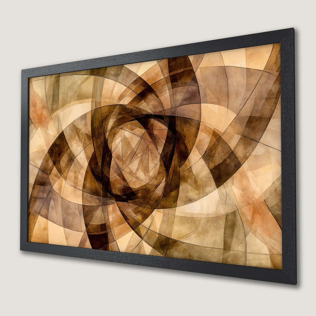 Framed Poster featuring an abstract geometric design in warm brown and beige tones. Modern art print for home decor.