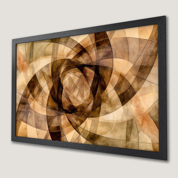 Framed Poster featuring an abstract geometric design in warm brown and beige tones. Modern art print for home decor.