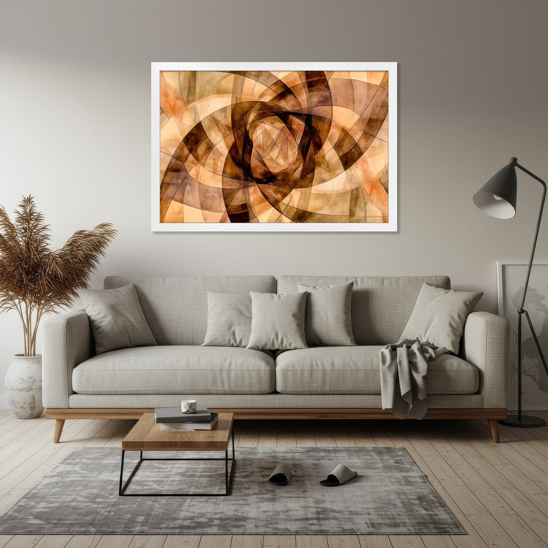 Framed Poster featuring a geometric abstract design in warm brown and orange tones. Modern art for your home.