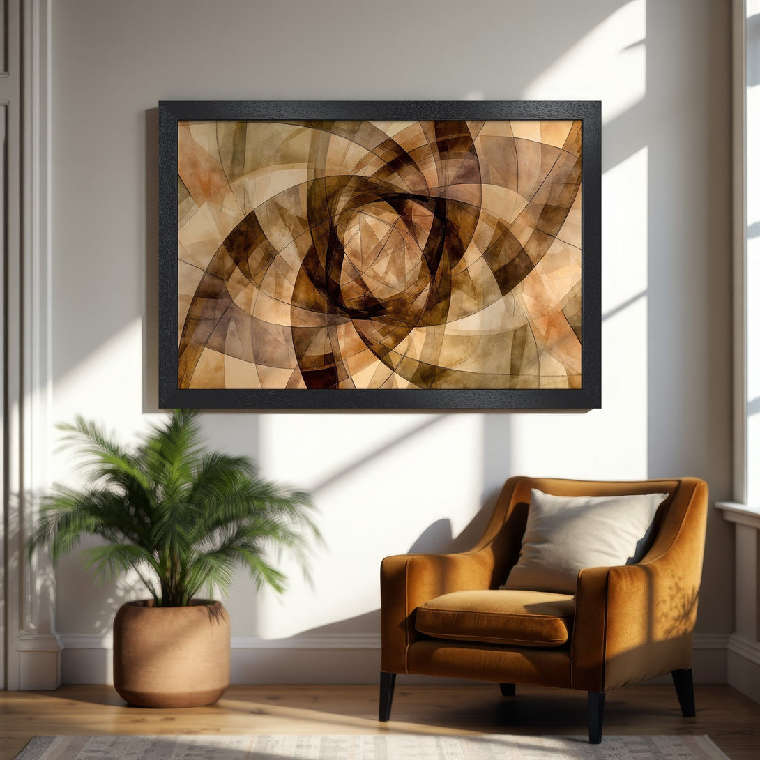 Framed Poster featuring abstract geometric art in warm brown tones. Modern wall art for home decor.