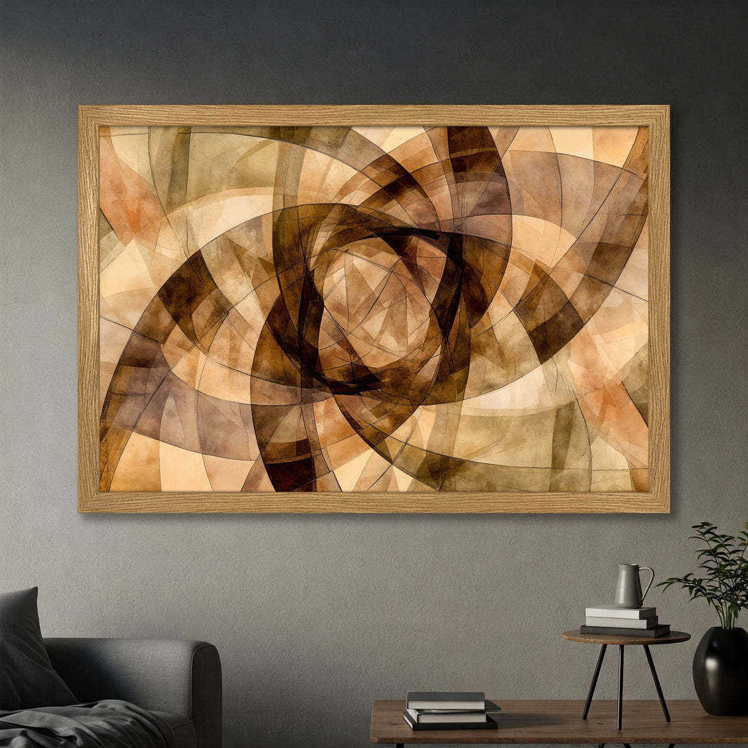 Framed Poster featuring abstract geometric art in warm brown and beige tones. Modern wall art to elevate your space.