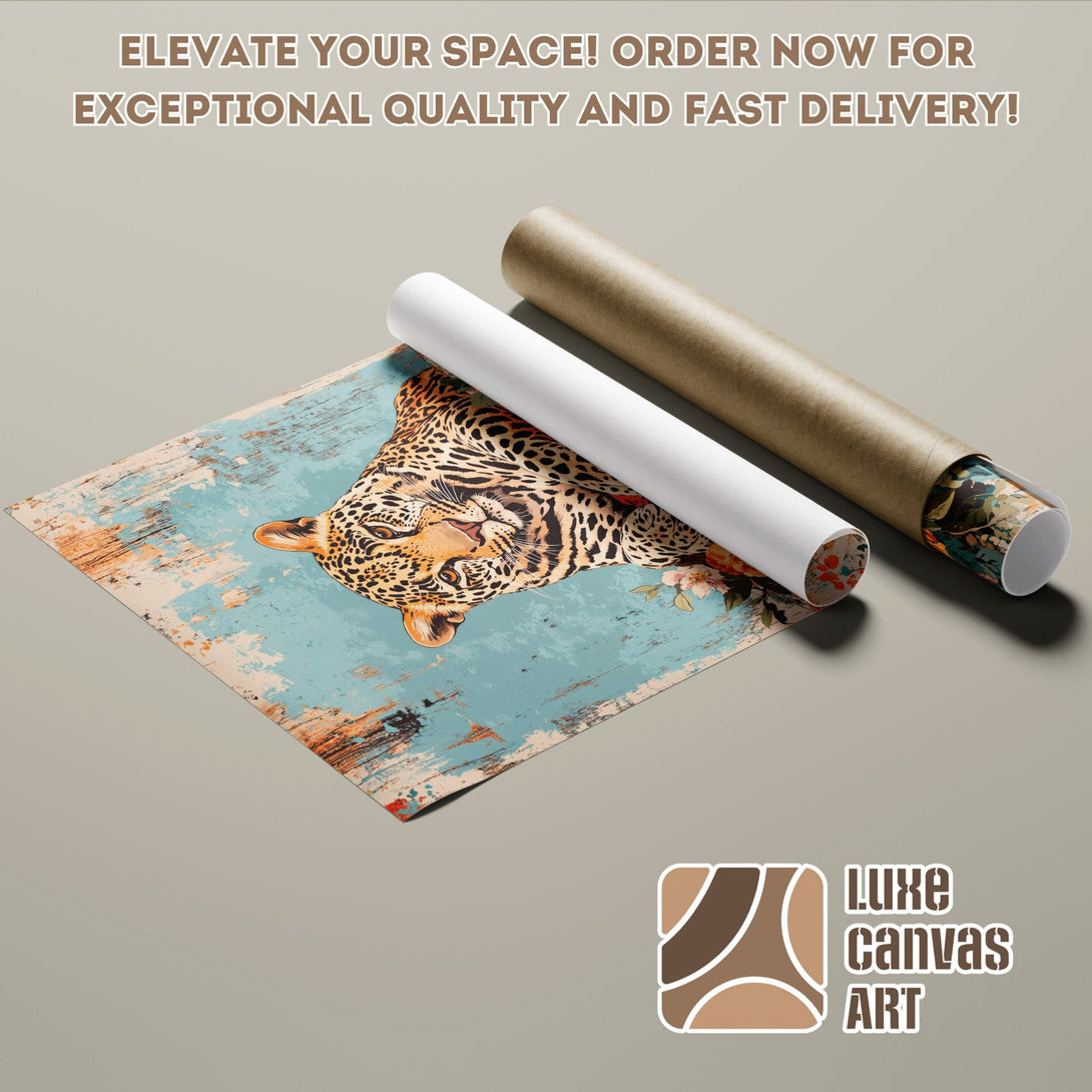 Poster Roll featuring a leopard in an artistic style with a teal and brown color palette. Order your art today!