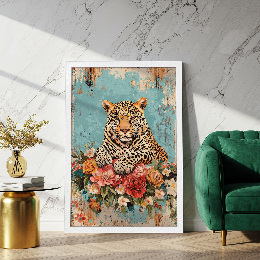 Framed Poster featuring a leopard with floral arrangement, vintage style, teal and warm color palette.