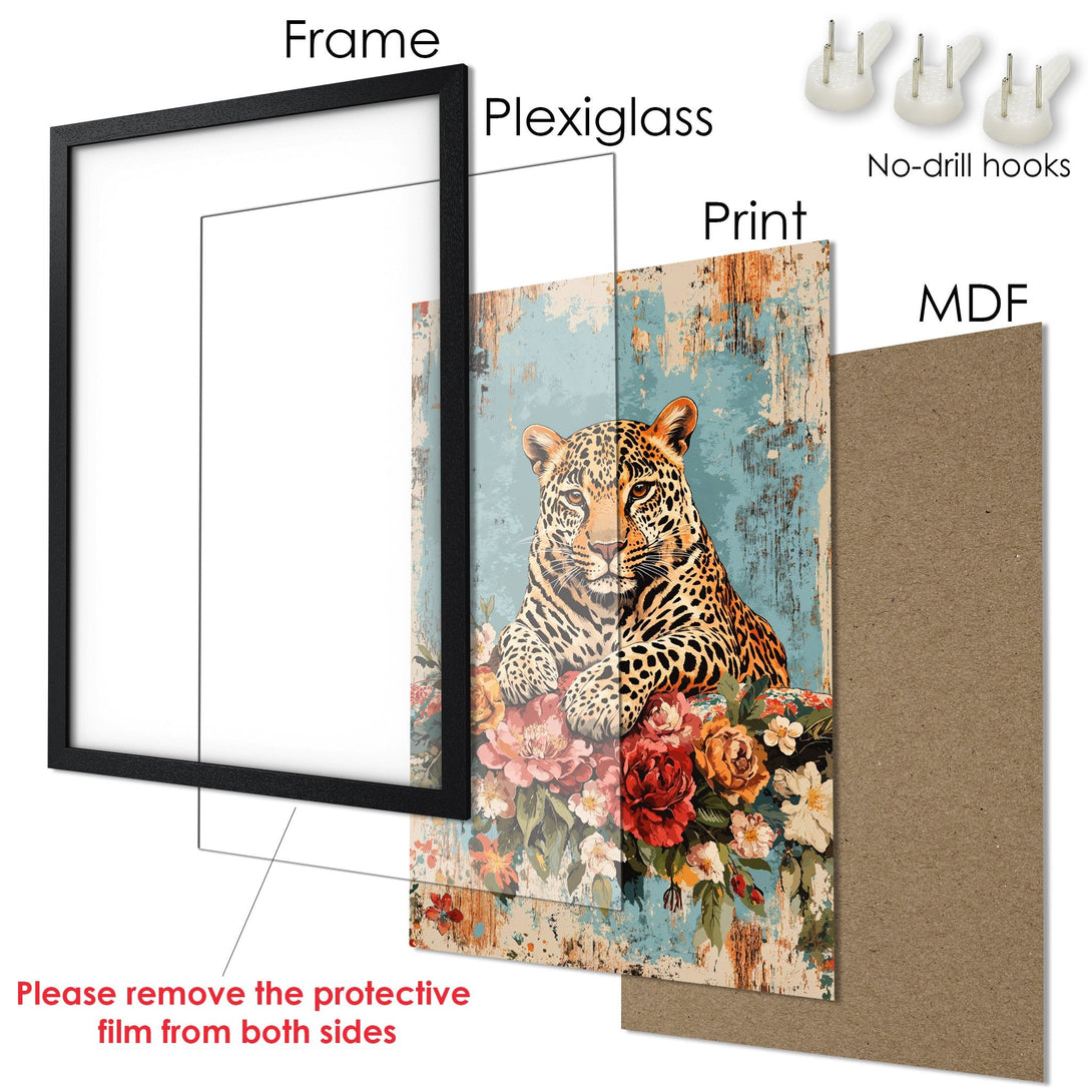 Framed Poster featuring a leopard with flowers, vintage style, and a blue, brown, and orange color palette. Perfect wall art!