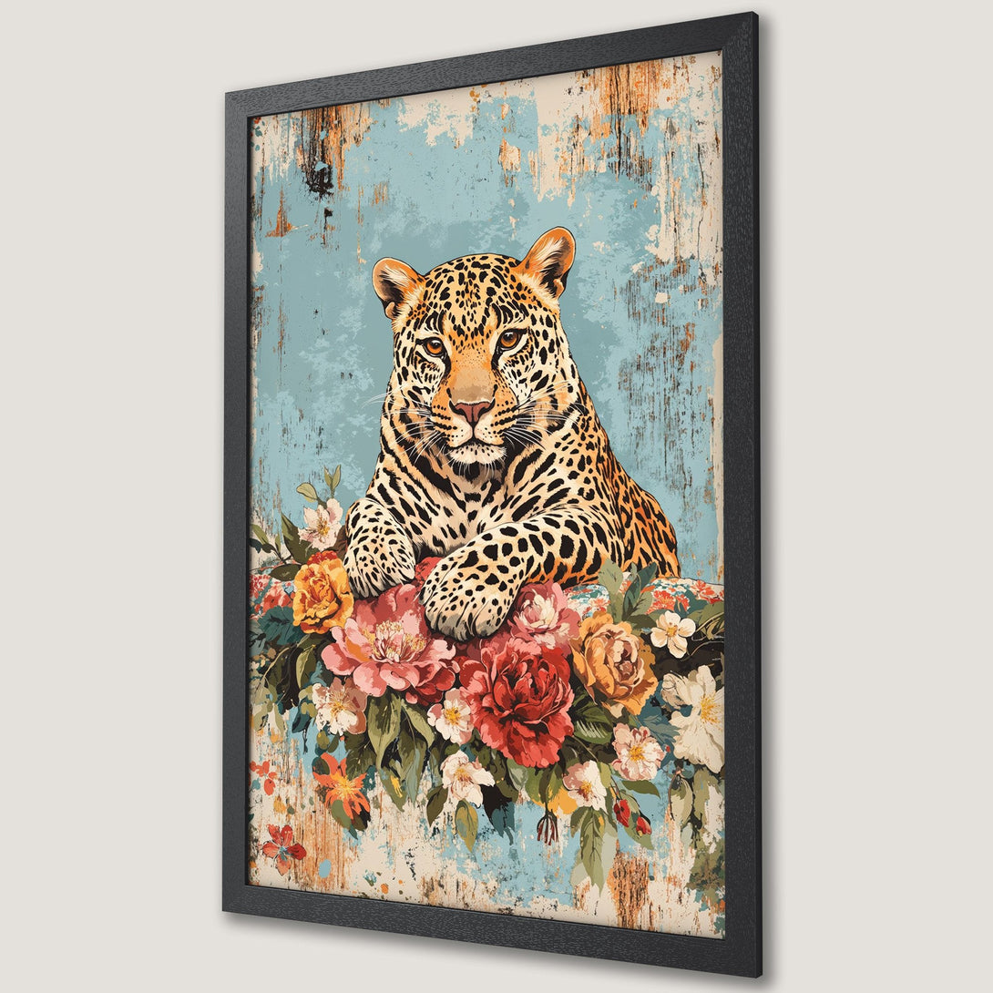 Framed Poster featuring a majestic leopard on a floral bed, vintage style, with a teal and warm color palette. Perfect wall art!