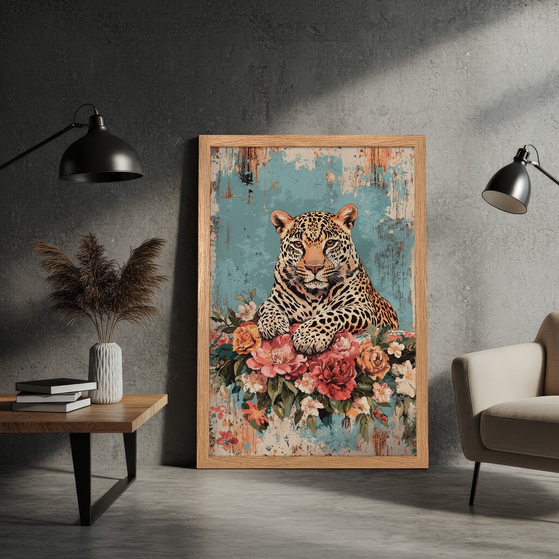 Framed Poster featuring a leopard on flowers, vintage style, with a blue, orange, and pink color palette. Perfect wall art!