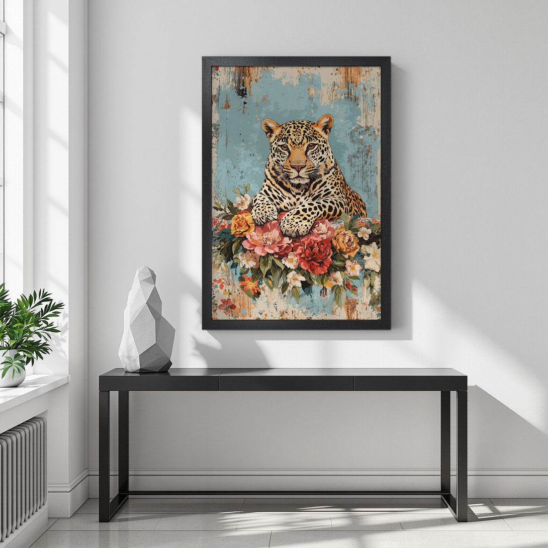 Framed Poster featuring a leopard with floral accents, vintage style, and a blue, orange, and brown color palette.