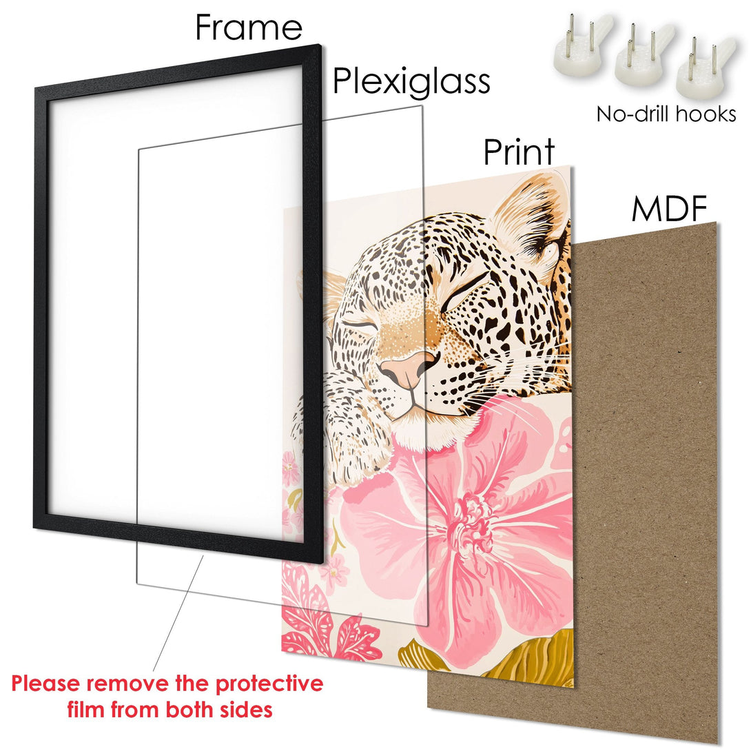 Framed Poster featuring a sleeping leopard with pink flowers. Modern art style, soft beige, pink, and gold color palette. Ready to hang!