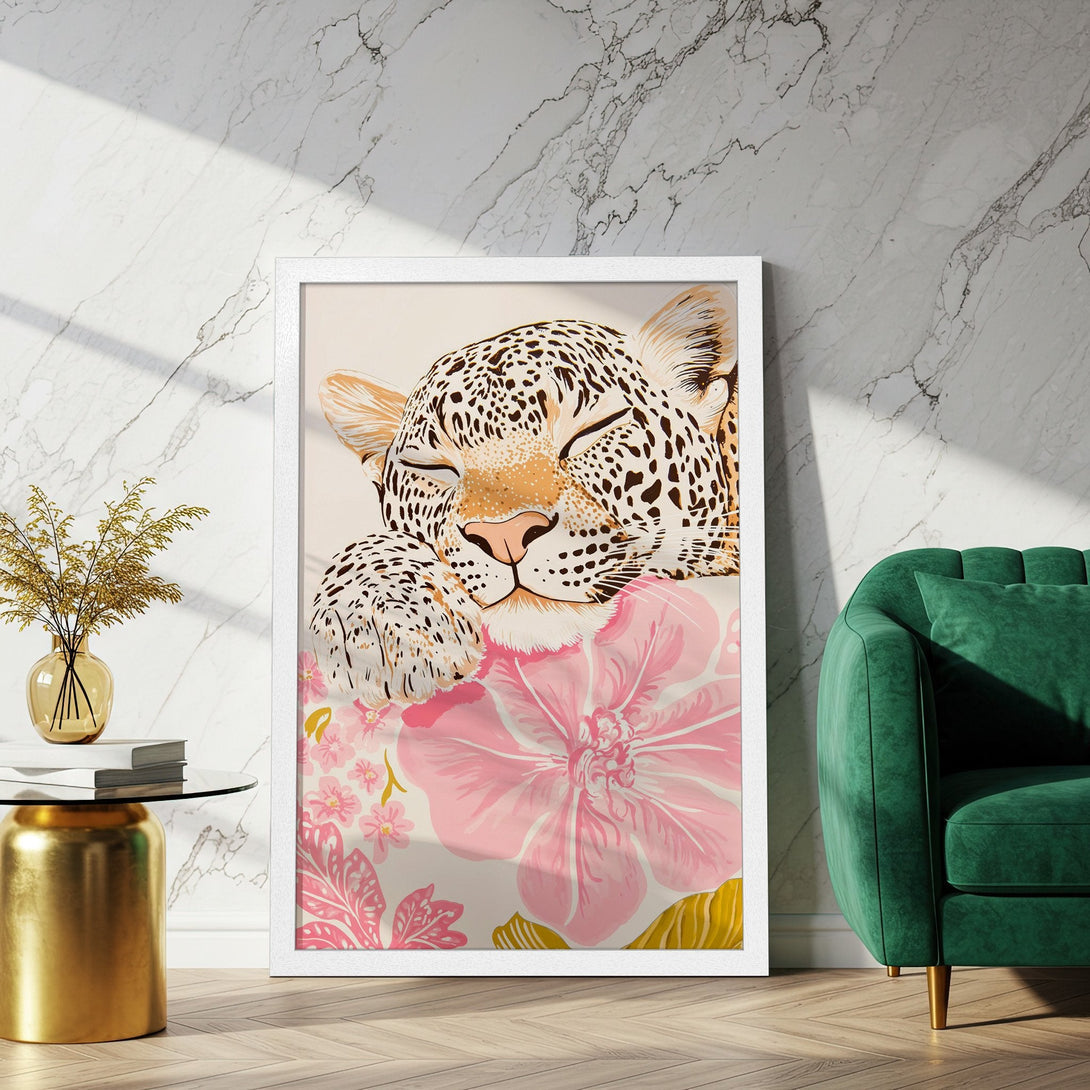 Framed Poster featuring a sleeping leopard with a floral design, soft pastel colors. Perfect wall art for your home!