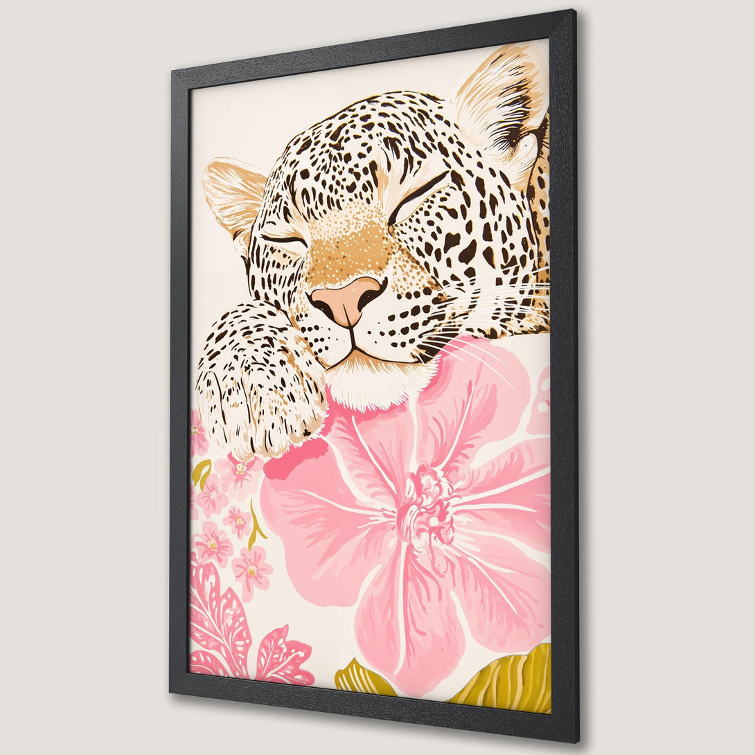 Framed Poster featuring a leopard with pink flowers, artistic style, soft color palette. Perfect wall art for your home.