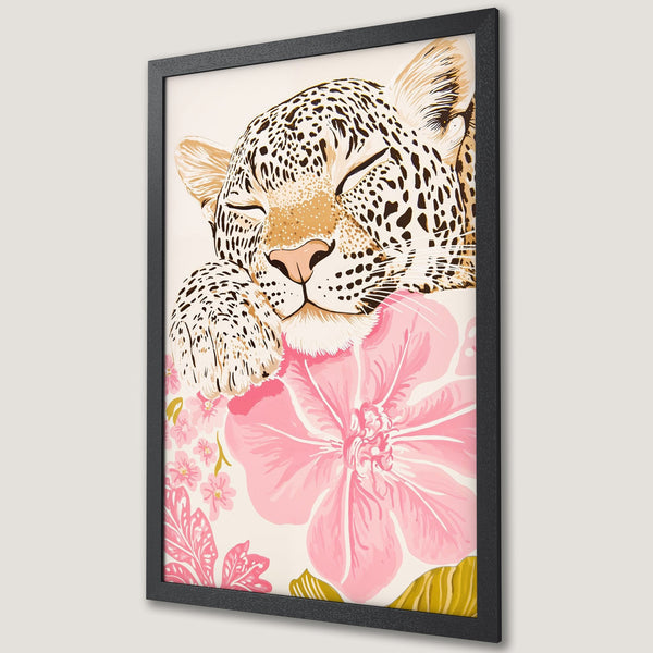 Framed Poster featuring a leopard with pink flowers, artistic style, soft color palette. Perfect wall art for your home.