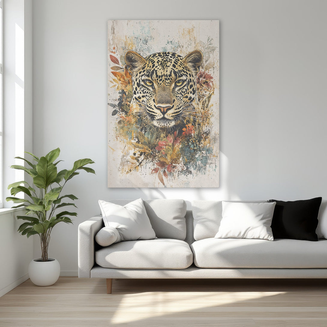 Framed Wall Art: Leopard portrait with watercolor style, warm earth tones, and gold frame. Perfect for adding a touch of wild elegance to your home decor.
