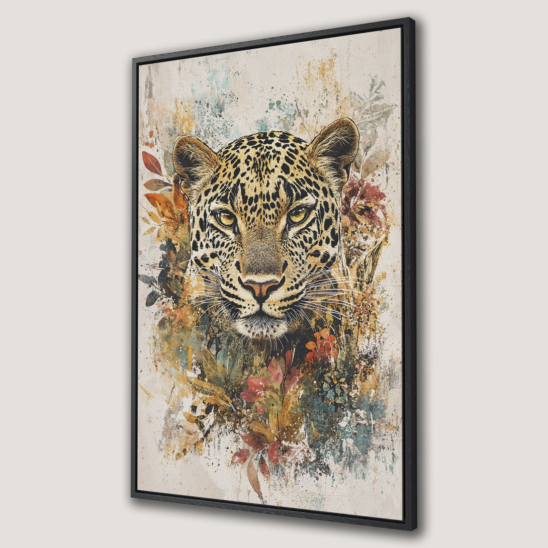 Framed Wall Art featuring a majestic leopard portrait with floral accents. Watercolor style, warm earth tone palette. Perfect for adding a touch of wild beauty to your space.