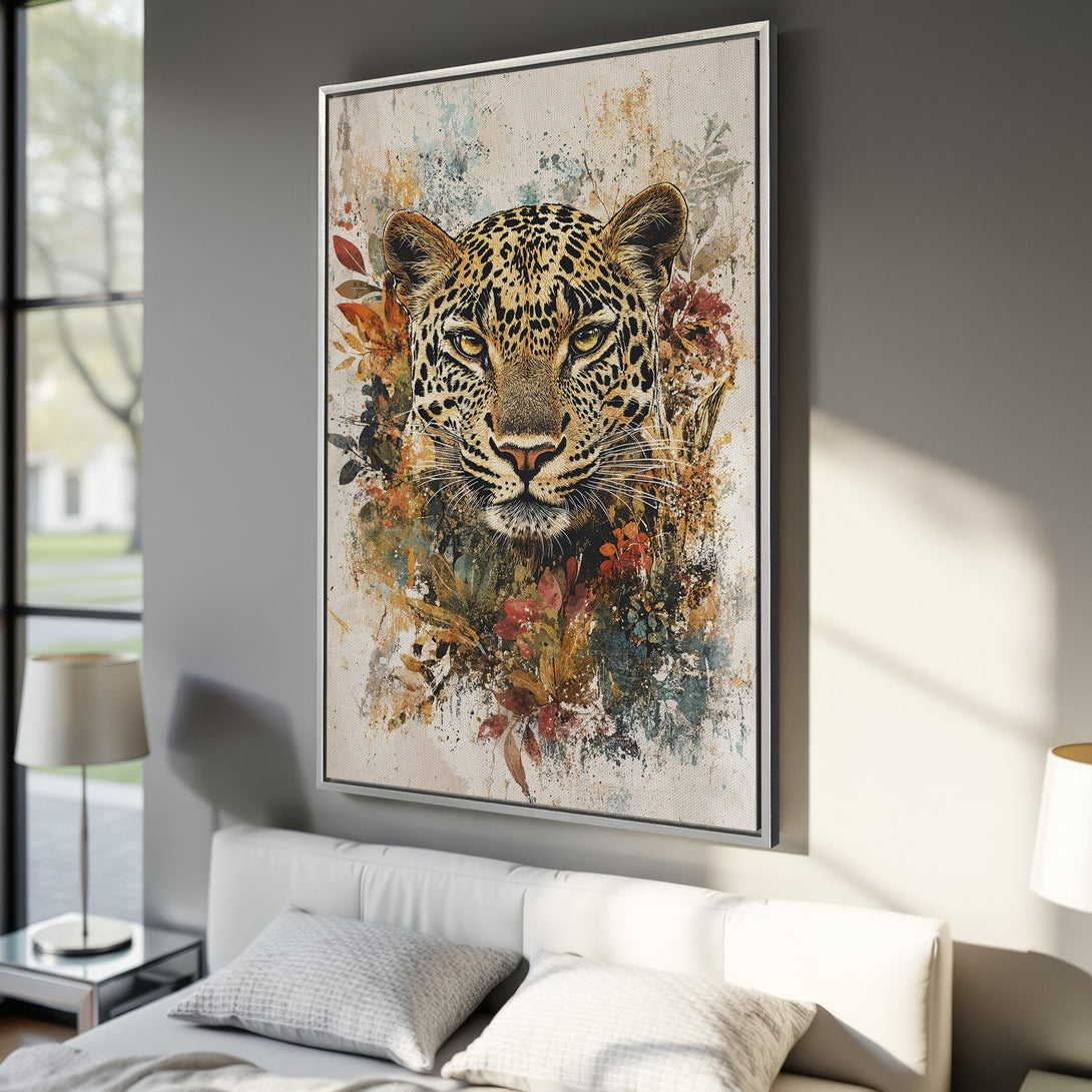 Framed Wall Art: Stunning leopard portrait with floral accents. Earthy tones of brown, gold, and teal create a captivating, artistic Canvas Print for your home.