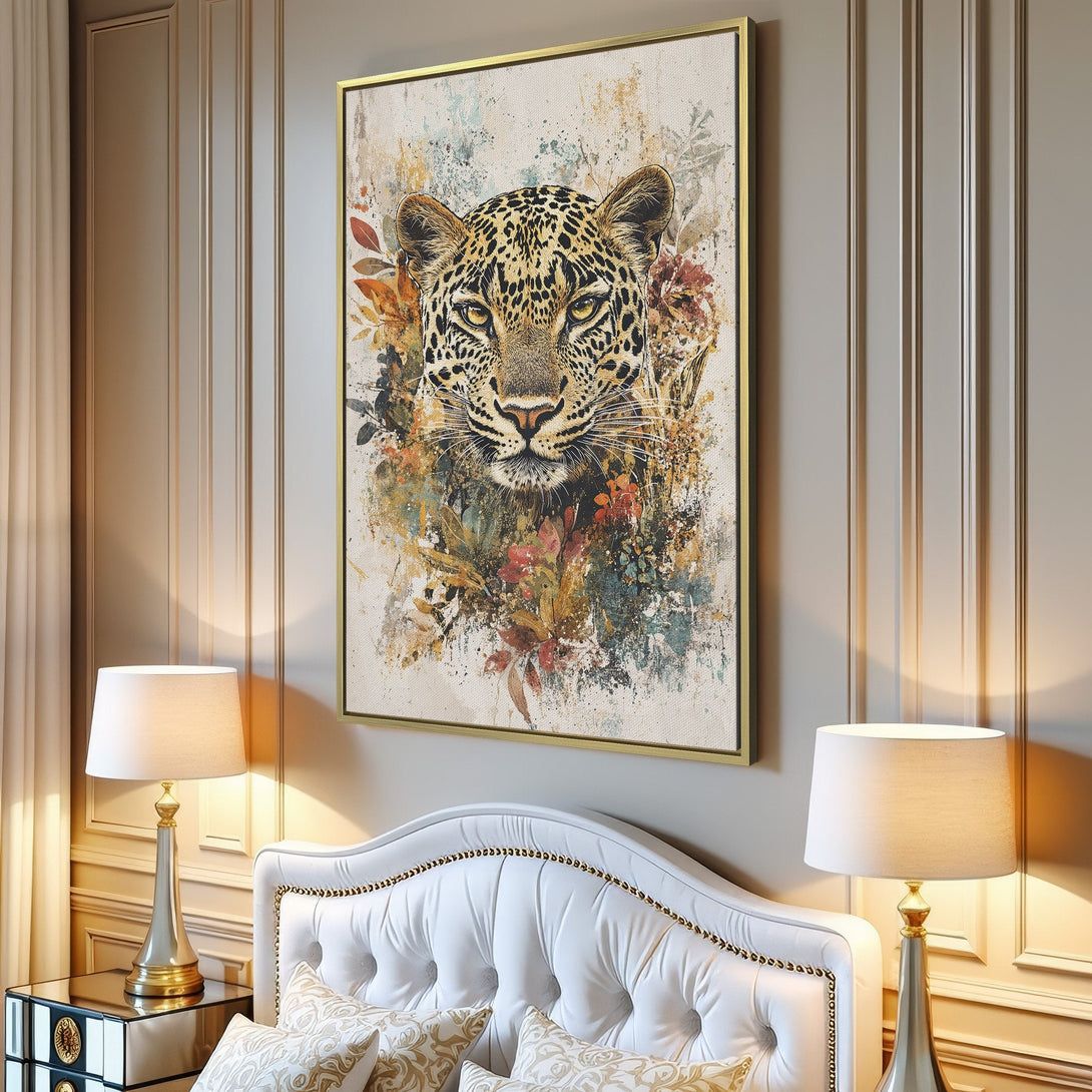 Canvas Print of a majestic leopard portrait with floral accents. Earthy tones and a touch of watercolor style. Modern art for your home.