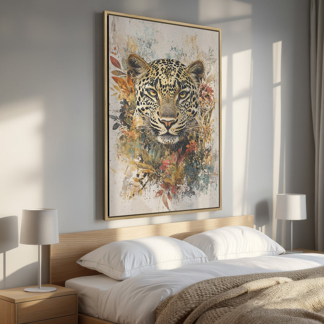Framed Wall Art featuring a majestic leopard portrait with floral accents. Earthy tones and artistic style add a touch of nature to your bedroom decor.