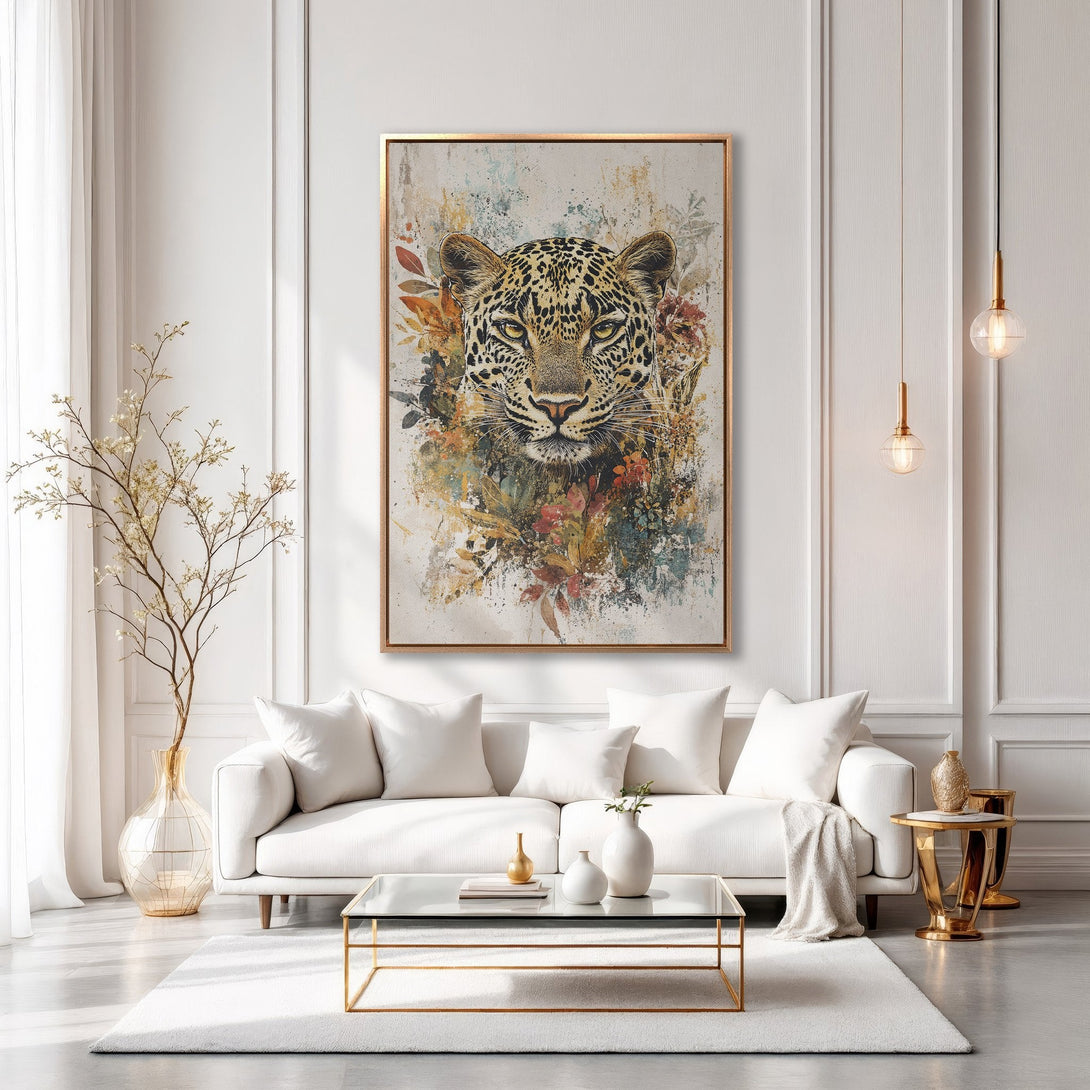 Framed Wall Art: Leopard portrait in warm earth tones. Modern decor with gold accents. Perfect living room accent piece.