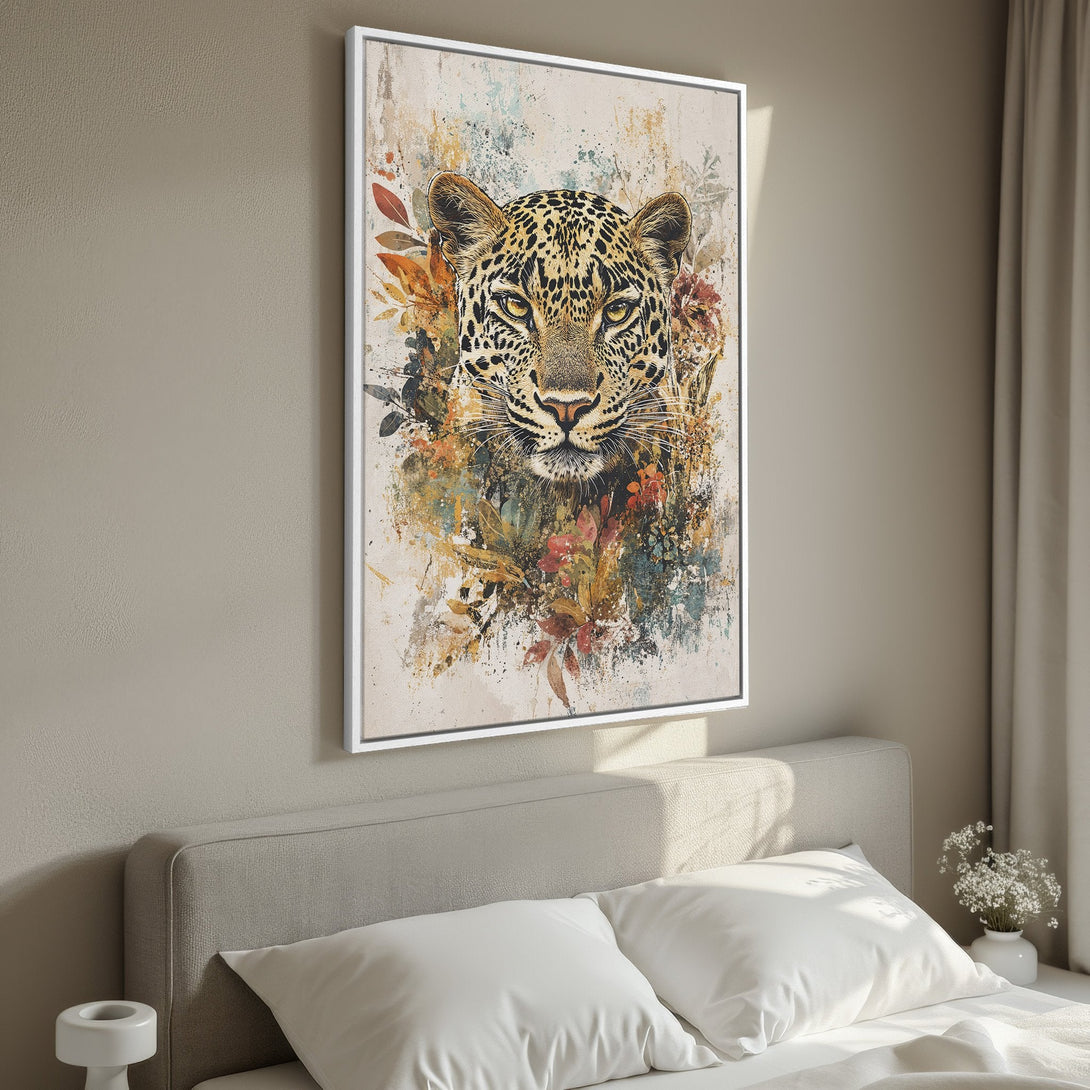 Framed Wall Art: Stunning leopard portrait canvas print with warm, earthy tones. Perfect for adding a touch of wild elegance to your bedroom decor.