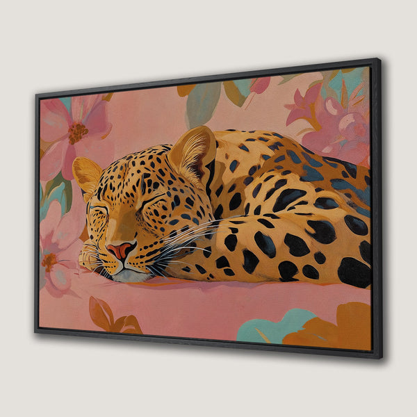 Framed Wall Art featuring a sleeping leopard in a floral design. Warm, earthy tones with a pop of pink and teal. Perfect for adding a touch of nature.