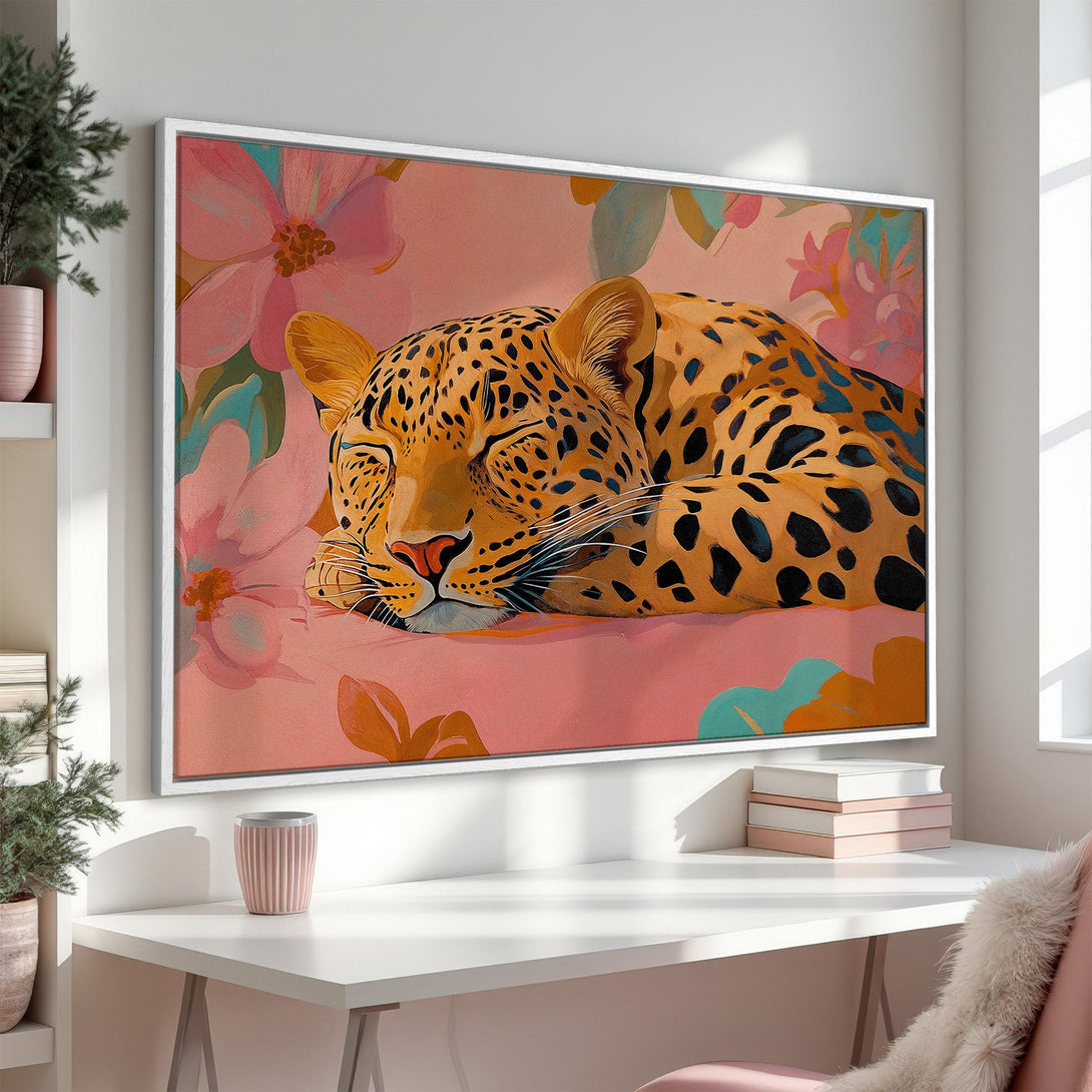 Canvas Print of a sleeping leopard with floral accents. Modern art style with a warm, pink and orange color palette. Perfect wall decor!