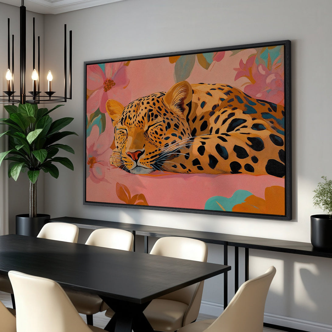 Framed Wall Art: Sleeping leopard canvas print with floral background. Modern art in warm peach, orange, and teal tones. Perfect for living rooms and dining areas.