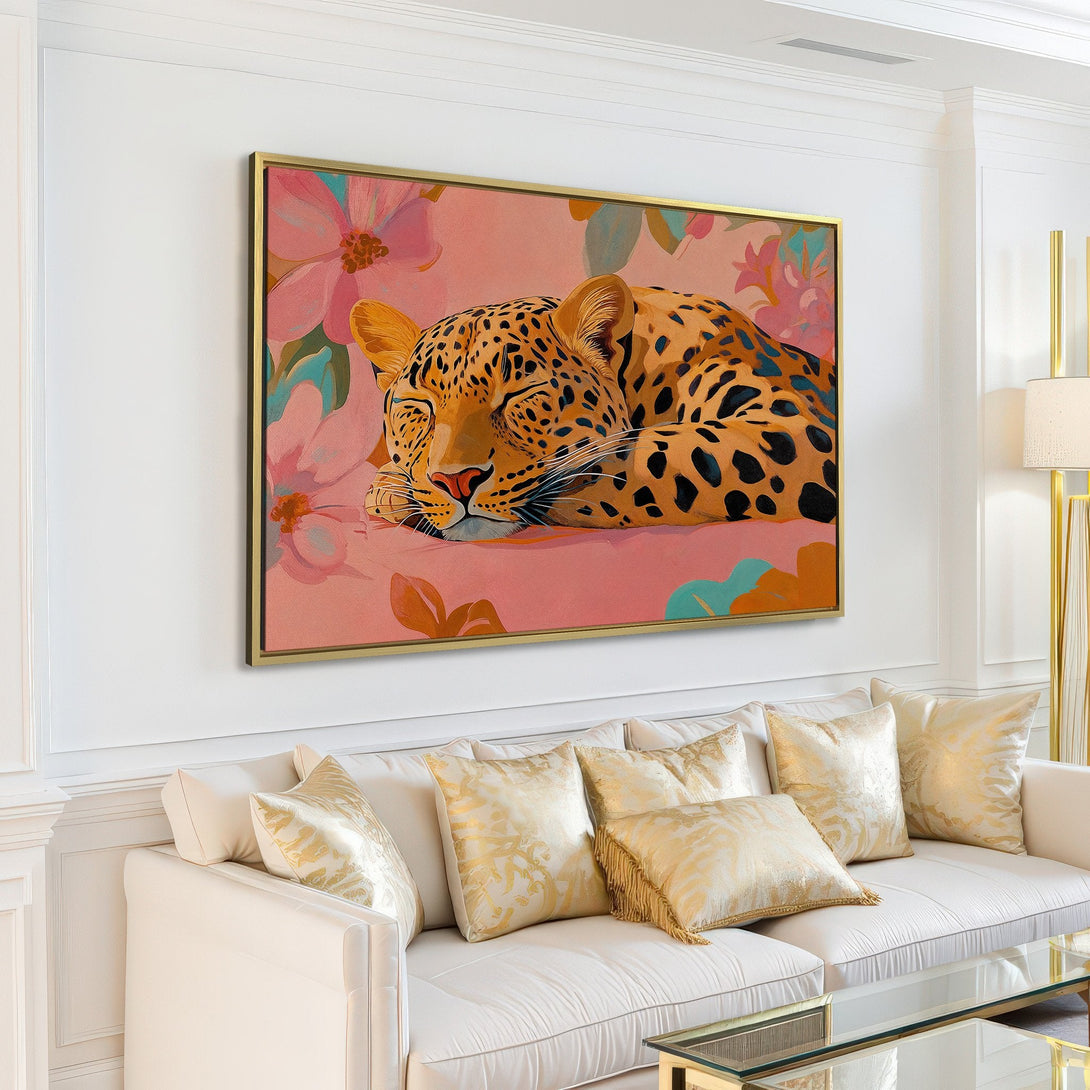 Canvas Print of a sleeping leopard with floral accents. Warm, earthy tones create a relaxing, stylish wall art piece for any home.