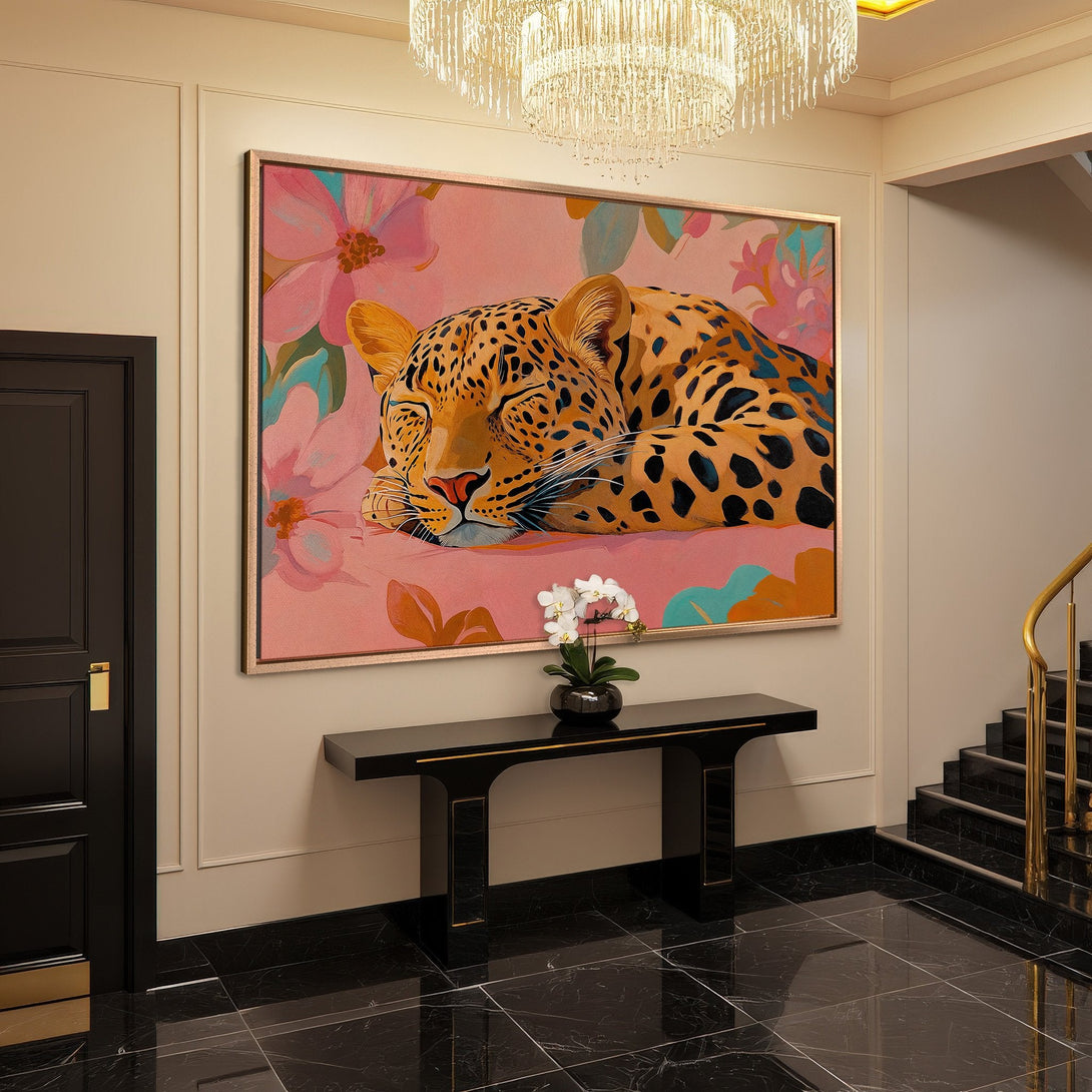 Framed Wall Art: Leopard Canvas Print in a luxury interior, featuring a vibrant pink, orange, and teal color palette. Modern, artistic style.