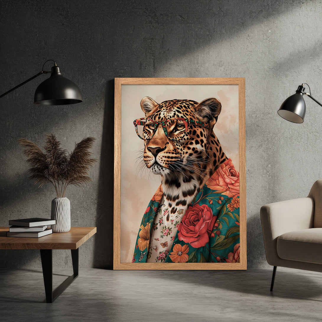 Framed Poster featuring a stylish leopard wearing glasses and floral jacket. Artistic, vibrant color palette perfect for home decor.