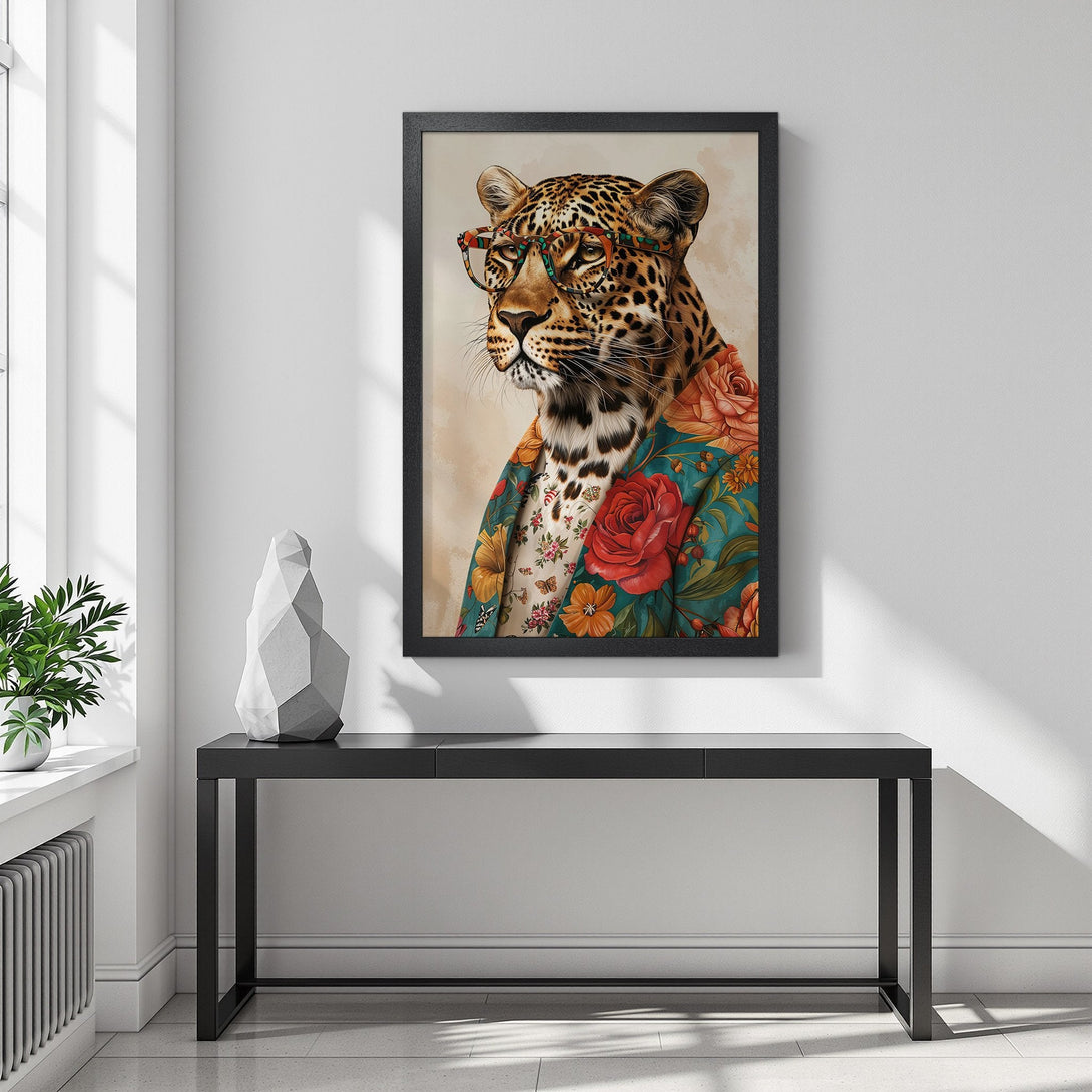 Framed Poster featuring a stylish leopard in a floral jacket. Vibrant colors and artistic style make this a perfect home decor piece.