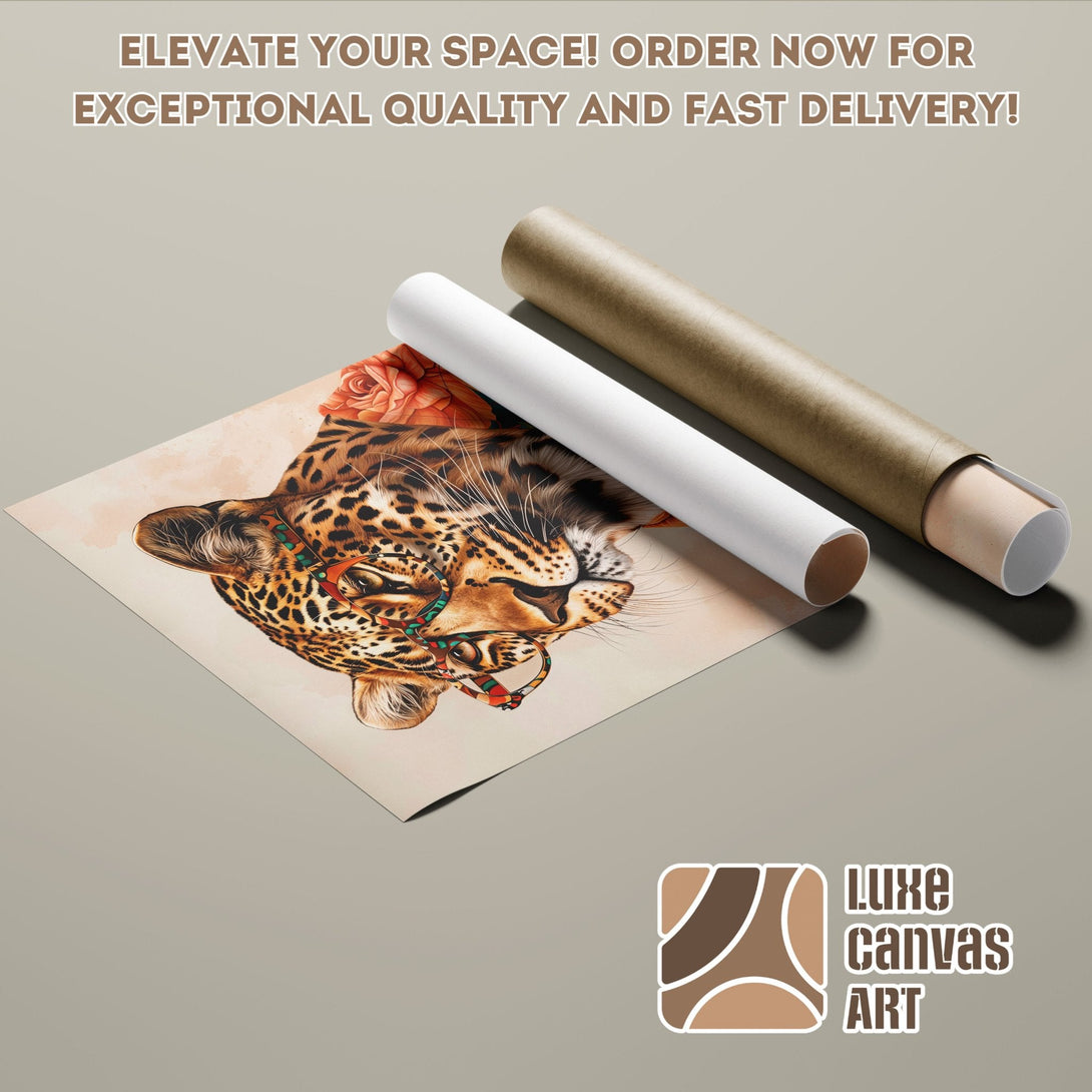 Leopard Poster Roll art print in warm tones. Elevate your space with our stylish poster!