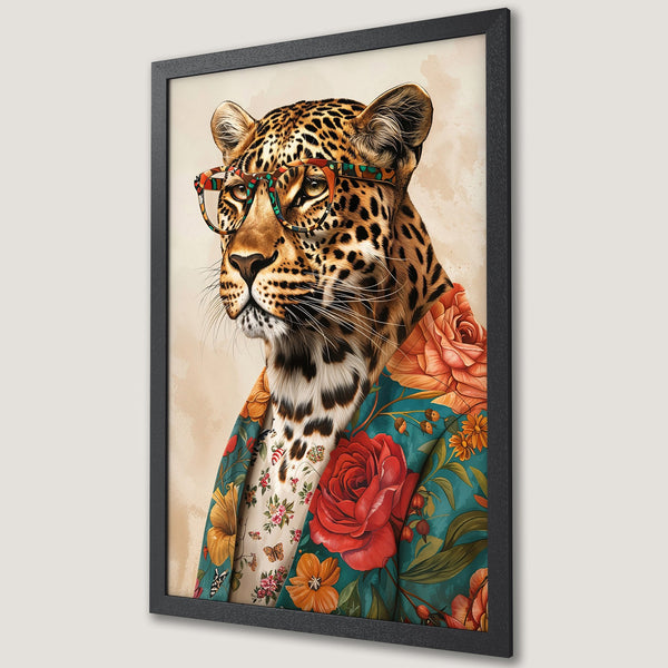 Framed Poster of a leopard wearing glasses and floral jacket. Whimsical illustration with a warm, vibrant color palette. Perfect wall art!