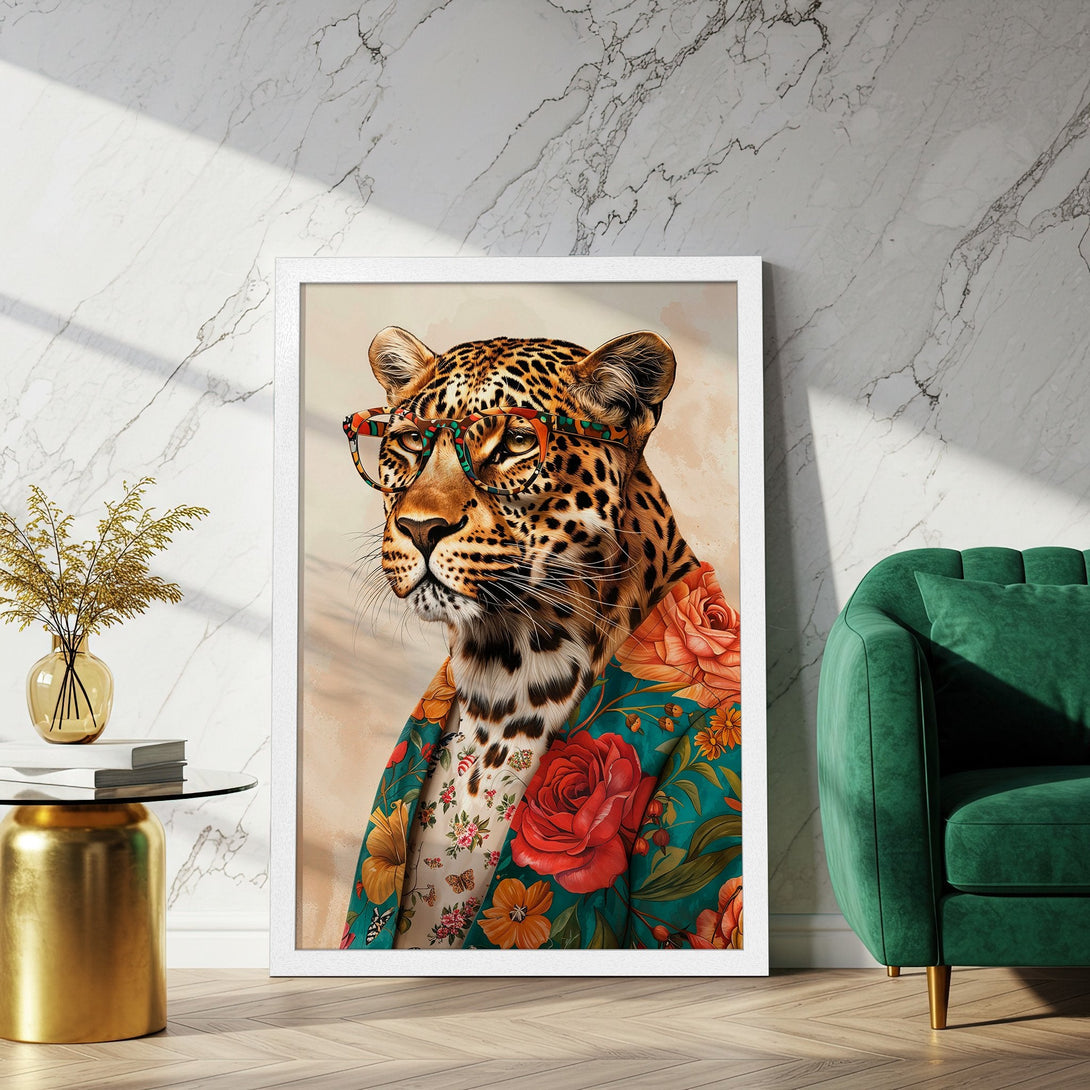 Framed Poster featuring a stylish leopard with glasses, floral jacket. Vibrant colors on a neutral background.