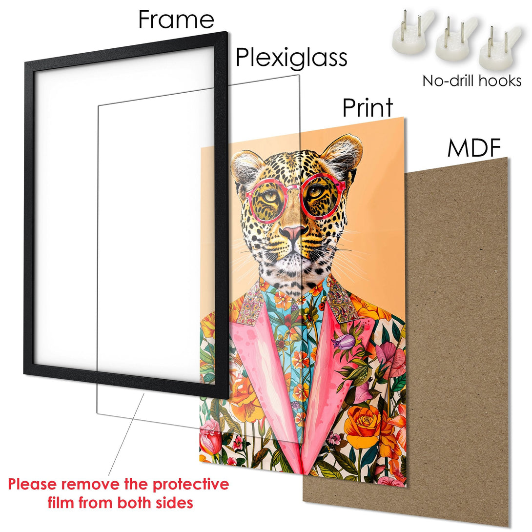 Framed Poster featuring a stylish leopard in a colorful floral jacket. Modern art with a vibrant, warm color palette. Ready to hang!