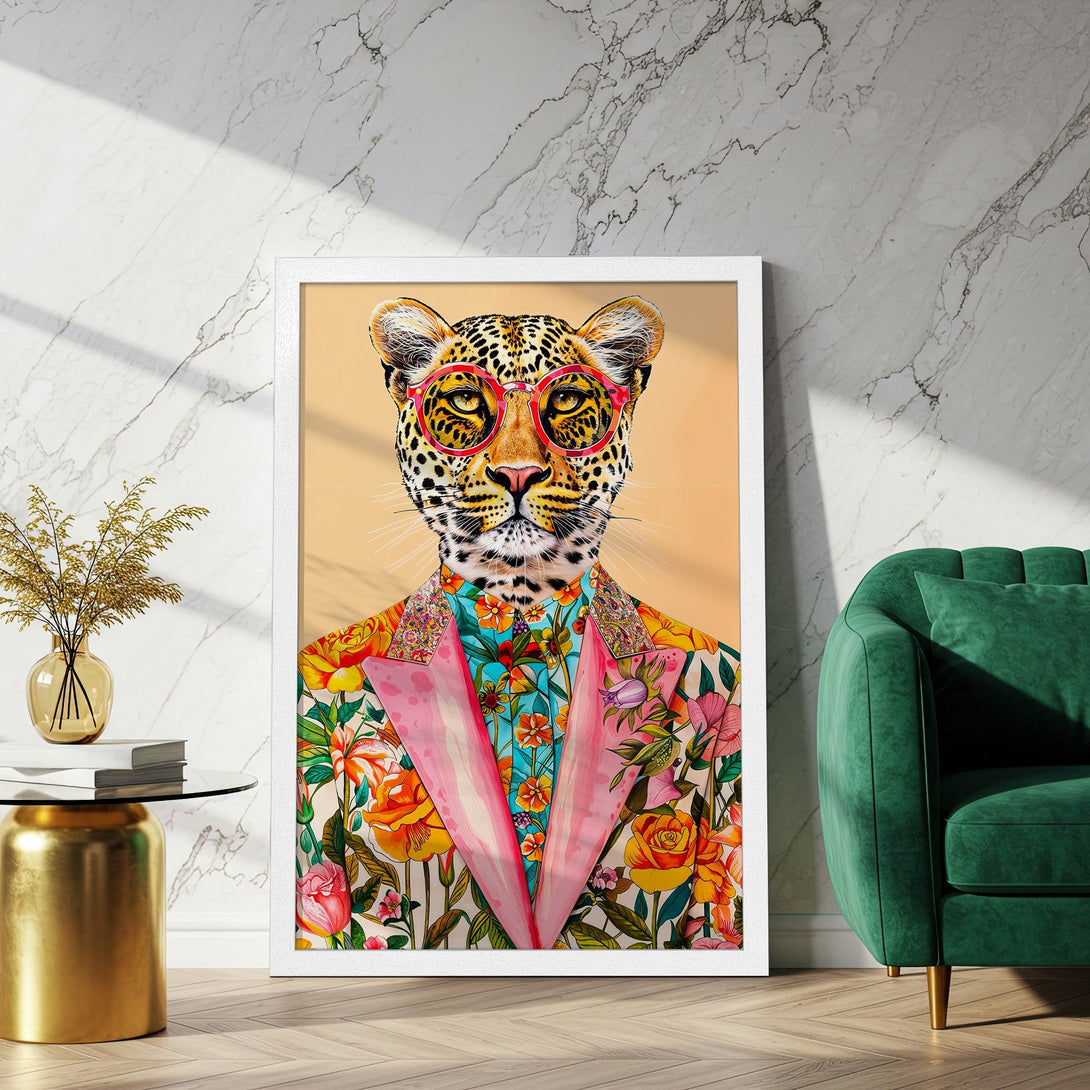 Framed Poster featuring a stylish leopard in a floral suit, vibrant colors. Perfect wall art!