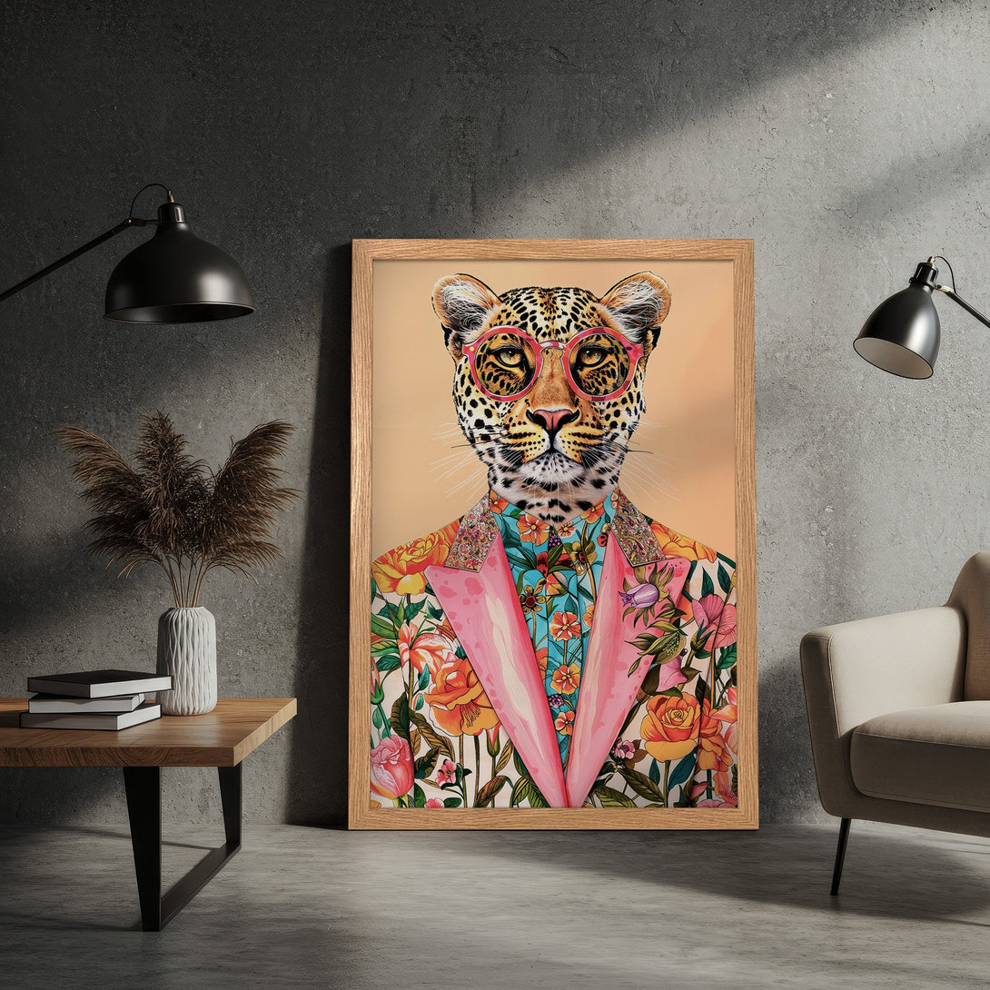 Framed Poster featuring a stylish leopard in a floral suit. Vibrant colors and a modern art style, perfect wall decor for any room.