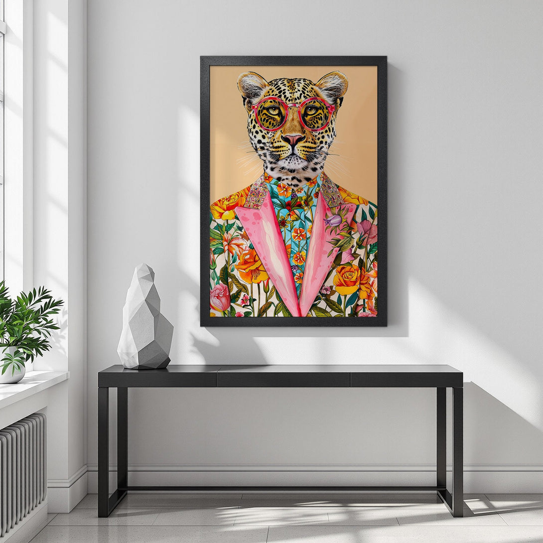 Framed Poster featuring a stylish leopard in a floral suit, vibrant colors. Perfect wall art for a modern home.