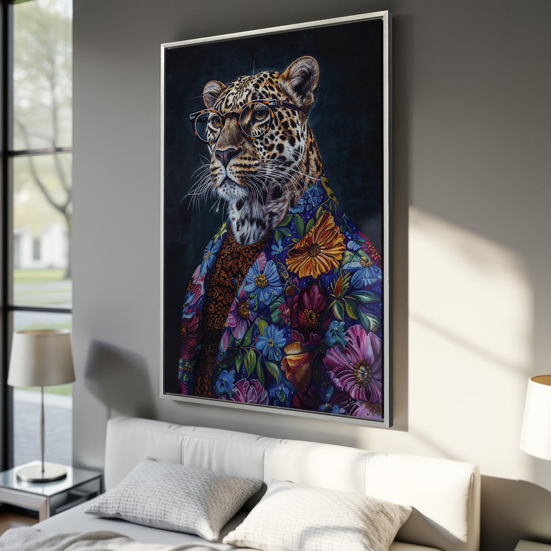 Framed Wall Art: Stylish leopard portrait with glasses and floral coat, vibrant colors. Perfect for modern decor. Canvas print for unique wall art.